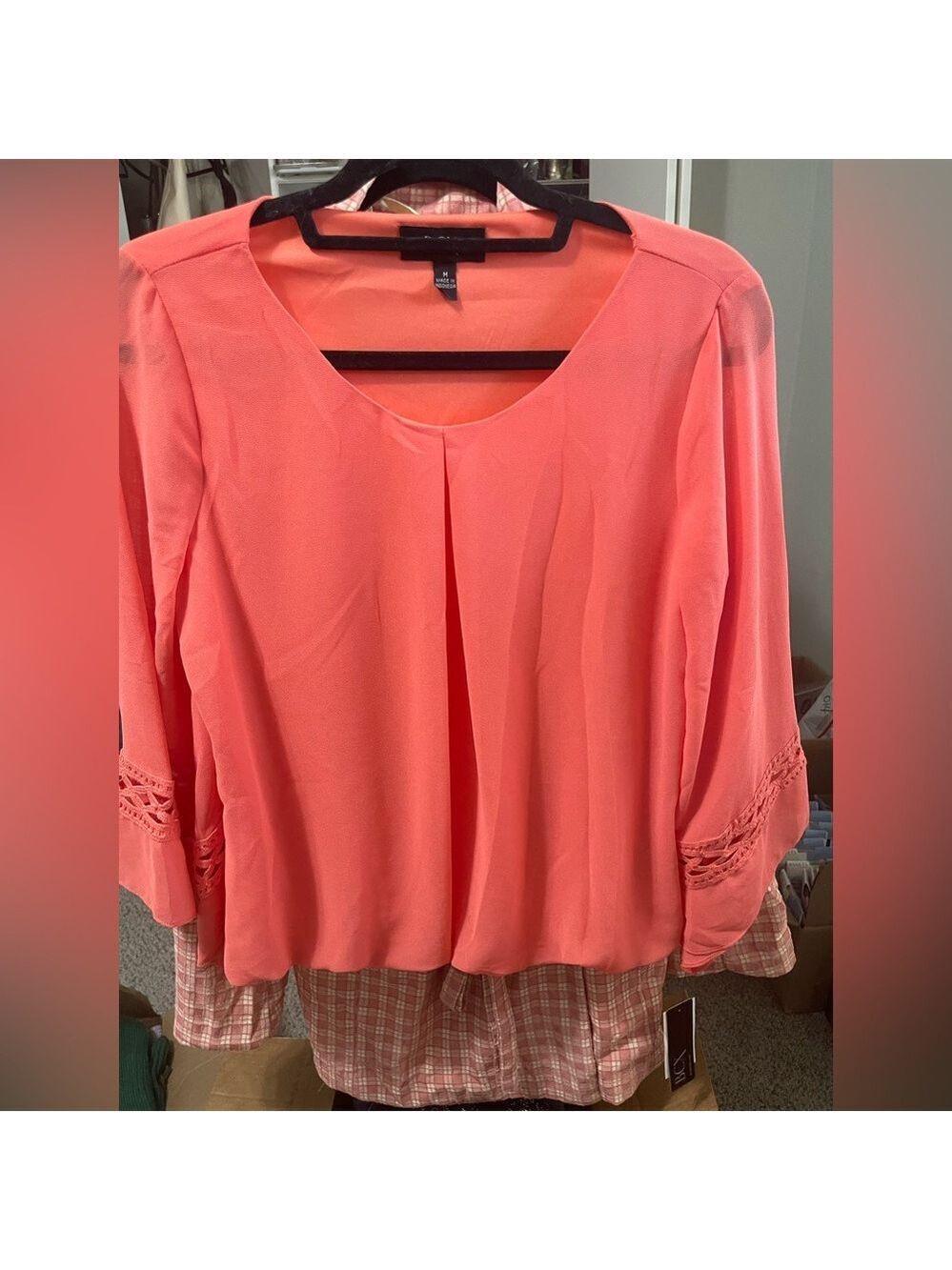 BCX Vibrant Coral Blouse with Lace Accents lined body sleeves are sheer